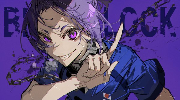Anime picture 6336x3541 with blue lock mikage reo mura karuki single highres simple background smile wide image purple eyes absurdres purple hair upper body sweat copyright name grin purple background boy chain