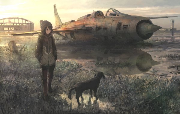 Anime picture 2000x1272 with original tokunaga akimasa single fringe highres short hair black hair hair between eyes standing looking away sky cloud (clouds) full body outdoors long sleeves black eyes reflection landscape hands in pockets ruins