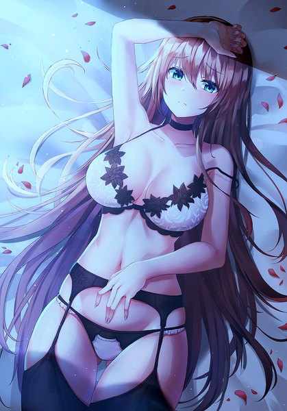Anime picture 1000x1432 with original lkeris single long hair tall image looking at viewer blush fringe breasts blue eyes light erotic hair between eyes brown hair large breasts cleavage lying nail polish arm up fingernails from above