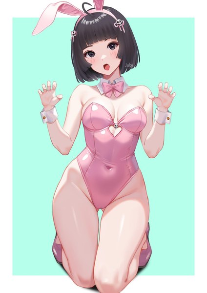 Anime picture 1448x2048 with real life zsa resty margana jubi (regiana) single tall image looking at viewer fringe short hair breasts open mouth light erotic black hair simple background large breasts bare shoulders signed animal ears ahoge blunt bangs head tilt