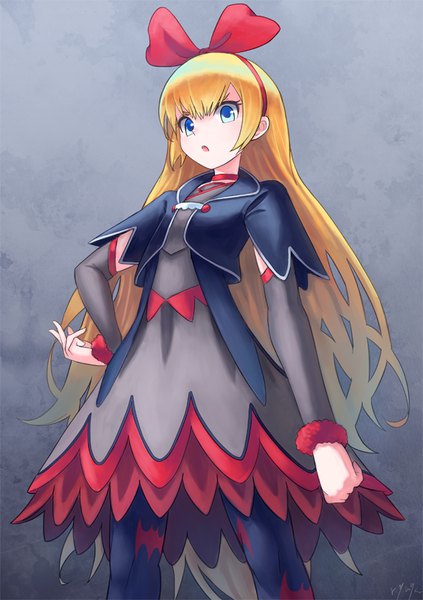 Anime picture 595x842 with precure dokidoki! precure toei animation regina (dokidoki! precure) ryuga (balius) single tall image open mouth blue eyes blonde hair signed looking away very long hair grey background girl dress hair ornament ribbon (ribbons) bow hair bow