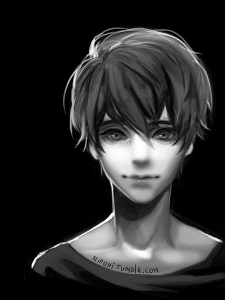 Anime picture 1280x1706 with zankyou no terror mappa twelve nipuni single tall image looking at viewer fringe short hair simple background smile light smile black background monochrome boy