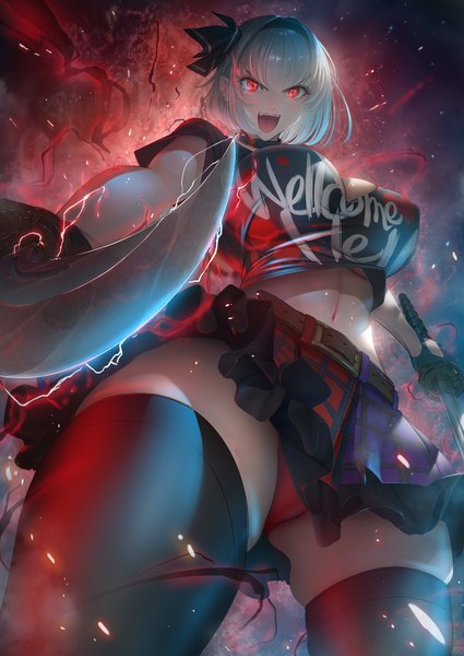Anime picture 2720x3840 with touhou konpaku youmu hecatia lapislazuli imizu (nitro unknown) single tall image looking at viewer blush fringe highres short hair breasts open mouth light erotic smile hair between eyes red eyes large breasts standing holding