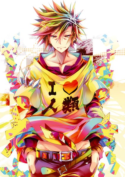 Anime picture 1448x2048 with no game no life madhouse sora (no game no life) kamiya yuu single tall image looking at viewer fringe short hair hair between eyes brown hair standing brown eyes multicolored hair official art groin clothes writing hands in pockets boy belt