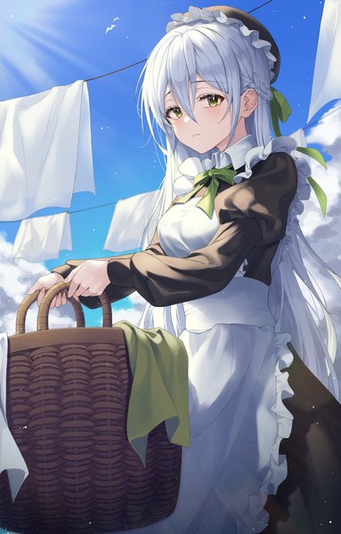 Anime picture 1200x1880 with original ekina (1217) single long hair tall image looking at viewer blush fringe breasts hair between eyes standing holding green eyes payot sky silver hair cloud (clouds) outdoors braid (braids) long sleeves