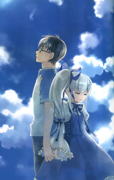 Anime picture 1365x2160 with pieces of the world kuramoto kaya tall image short hair black hair sky silver hair cloud (clouds) eyes closed light smile couple holding hands back to back girl dress boy ribbon (ribbons) hair ribbon glasses