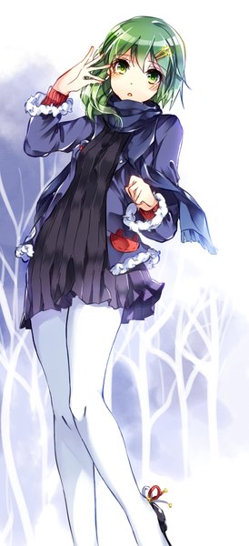 Anime picture 540x1180 with touhou shikieiki yamaxanadu esdy single long hair tall image looking at viewer blush open mouth standing green eyes green hair open clothes open jacket girl dress hair ornament plant (plants) pantyhose tree (trees)