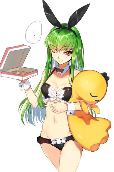 Anime picture 600x900 with code geass sunrise (studio) c.c. cheese-kun creayus long hair tall image looking at viewer fringe breasts light erotic simple background smile standing bare shoulders holding animal ears yellow eyes one eye closed green hair