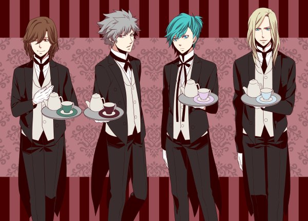 Anime picture 1250x896 with uta no prince-sama a-1 pictures mikaze ai kurosaki ranmaru kotobuki reiji camus hibaniki69 short hair blue eyes blonde hair smile brown hair one eye closed aqua eyes grey hair wink aqua hair multiple boys heterochromia striped