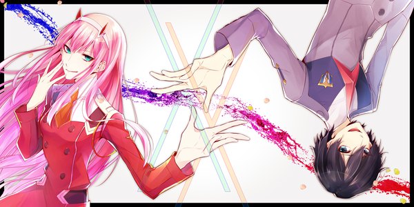 Anime picture 4200x2100 with darling in the franxx studio trigger zero two (darling in the franxx) hiro (darling in the franxx) yuu (isis7796) long hair looking at viewer fringe highres short hair black hair hair between eyes wide image white background absurdres horn (horns) aqua eyes outstretched arm border upside down