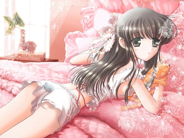 Anime picture 1024x768 with fruits basket studio deen honda tooru souma yuki long hair light erotic brown hair brown eyes wallpaper on stomach half updo girl bow ribbon (ribbons) hair bow frills lingerie pillow bed cat