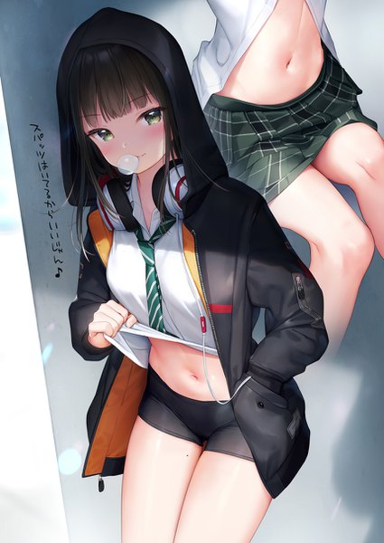 Anime picture 860x1214 with original mignon long hair tall image looking at viewer blush fringe light erotic black hair green eyes blunt bangs mole open jacket thigh gap text hieroglyph plaid skirt multiview hand in pocket shirt lift