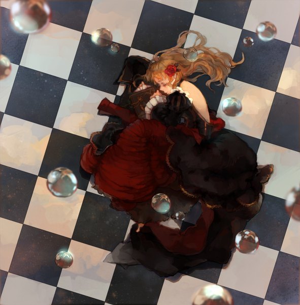 Anime picture 1280x1300 with umineko no naku koro ni beatrice wakatsuki (etoiles) single long hair tall image fringe brown hair lying eyes closed profile hair flower from above back frilled dress sleeping checkered floor floor checkered background embryo's pose