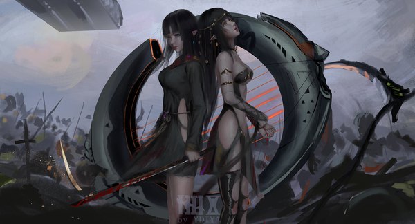 Anime picture 1994x1080 with original ydiya long hair fringe highres breasts light erotic black hair wide image standing multiple girls green eyes looking away outdoors profile lips pointy ears orange eyes back to back bloody weapon