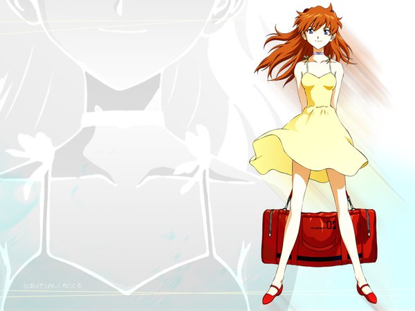 Anime picture 1024x768 with neon genesis evangelion gainax soryu asuka langley blue eyes red hair zoom layer dress bag yellow dress