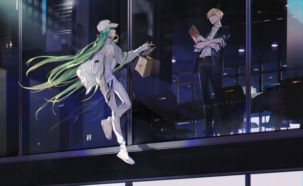 Anime picture 1000x615 with fate (series) fate/grand order fate/strange fake gilgamesh (fate) enkidu (fate) itefu short hair blonde hair smile wide image standing purple eyes full body very long hair profile green hair multiple boys crossed arms hand in pocket midair