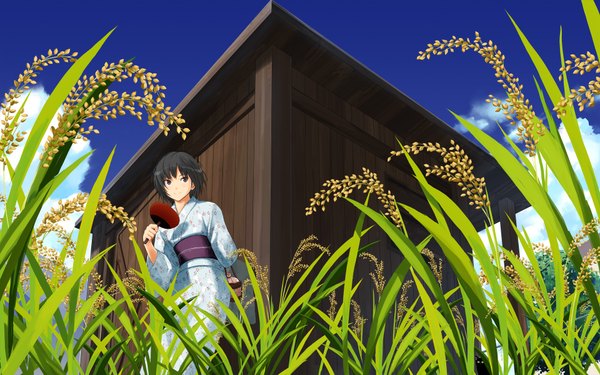 Anime picture 1920x1200 with amagami nanasaki ai takayama kisai single looking at viewer highres short hair wide image brown eyes sky cloud (clouds) outdoors traditional clothes japanese clothes light smile girl plant (plants) animal kimono building (buildings)