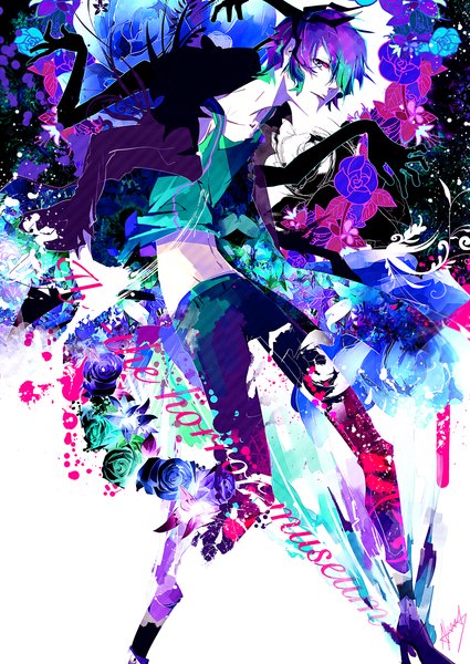 Anime picture 1200x1695 with vocaloid kaito (vocaloid) tall image looking at viewer short hair blue eyes blue hair text alternate color multicolored boy navel flower (flowers)