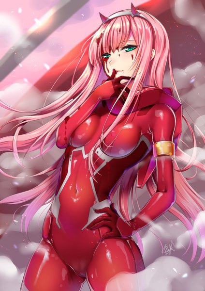 Anime picture 1181x1670 with darling in the franxx studio trigger zero two (darling in the franxx) shibi single long hair tall image looking at viewer blush fringe breasts light erotic standing signed pink hair horn (horns) aqua eyes hand on hip covered navel finger to mouth