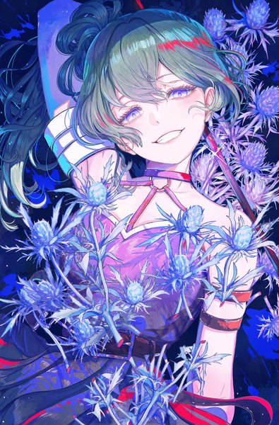 Anime picture 2303x3500 with sousou no frieren ubel (sousou no frieren) nakauma single long hair tall image looking at viewer fringe highres smile hair between eyes purple eyes green hair grin side ponytail girl flower (flowers)
