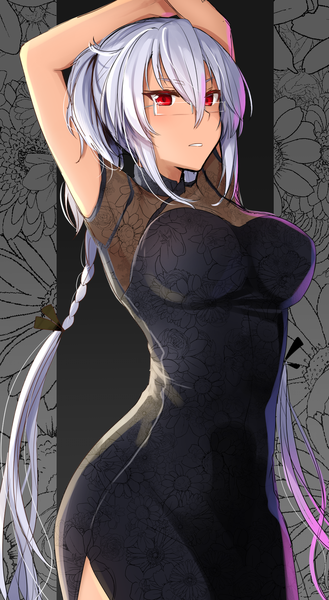 Anime picture 1000x1823 with kantai collection musashi super battleship yuna (yukiyuna) single long hair tall image looking at viewer blush breasts red eyes standing silver hair braid (braids) traditional clothes parted lips arms up two side up twin braids floral print black background