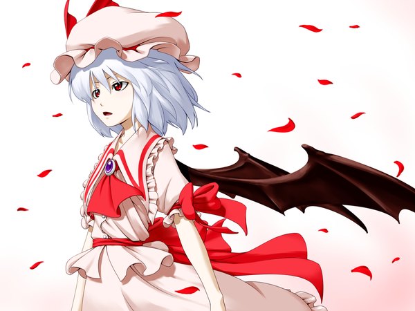 Anime picture 1024x768 with touhou remilia scarlet kentairui single short hair open mouth red eyes wind bat wings girl skirt hat petals wings skirt set