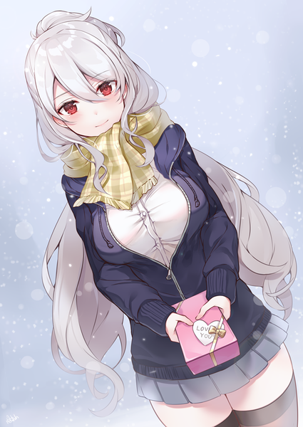 Anime picture 637x900 with original ringozaka mariko single long hair tall image fringe hair between eyes red eyes standing holding silver hair pleated skirt light smile dutch angle zettai ryouiki snowing half updo partially open clothes valentine girl