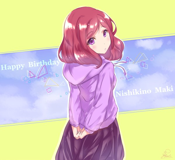Anime-Bild 3400x3100 mit love live! school idol project sunrise (studio) love live! nishikino maki kaya (yoshina9) single looking at viewer blush highres short hair standing purple eyes absurdres cloud (clouds) red hair parted lips looking back character names hands behind back happy birthday