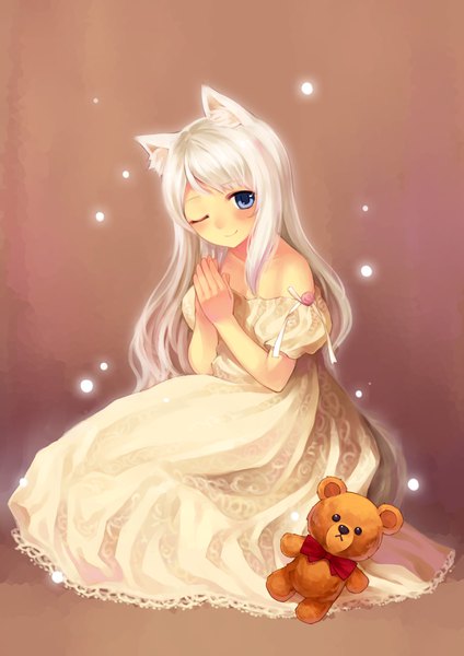 Anime picture 2480x3507 with original tsubasa tsubasa single long hair tall image looking at viewer blush fringe highres blue eyes smile sitting bare shoulders animal ears full body white hair one eye closed short sleeves hands clasped brown background