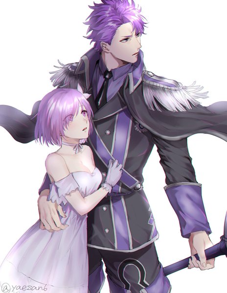Anime picture 1548x2000 with fate (series) fate/grand order mash kyrielight mash kyrielight (formal dress) lancelot (fate/grand order) yaesan6 tall image fringe short hair simple background white background purple eyes signed looking away cleavage purple hair hair over one eye alternate costume twitter username heroic spirit formal dress