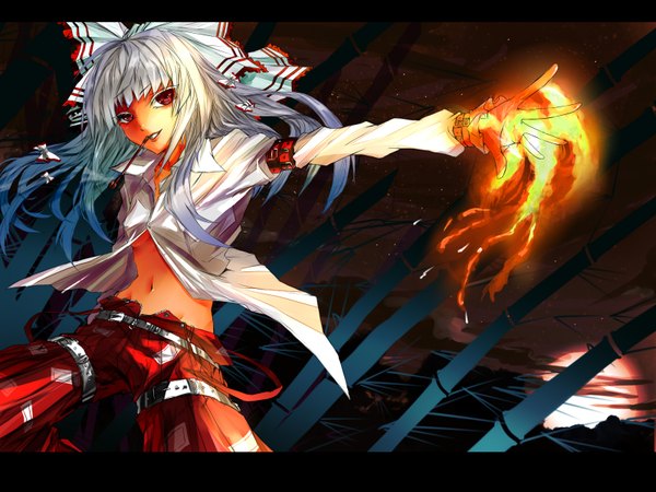 Anime picture 1600x1200 with touhou fujiwara no mokou karlwolf single long hair red eyes white hair letterboxed girl bow plant (plants) hair bow shirt moon fire bamboo