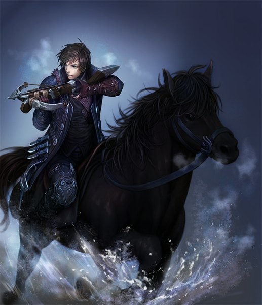 Anime picture 1000x1159 with k9corps single tall image short hair open mouth blue eyes simple background brown hair scar blue background smoke riding boy weapon animal water armor arrow (arrows) horse crossbow