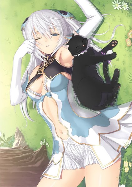 Anime picture 1283x1814 with shining (series) shining blade altina (shining blade) tony taka single long hair tall image looking at viewer blush fringe open mouth light erotic hair between eyes twintails cleavage silver hair lying one eye closed wink arms up