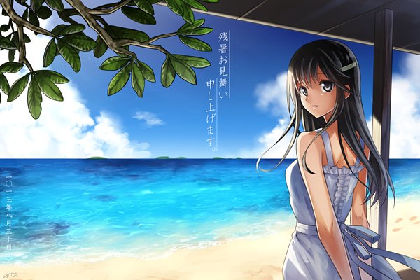 Anime picture 1000x667 with original milcho single long hair looking at viewer black hair sky cloud (clouds) black eyes beach girl dress sea sundress