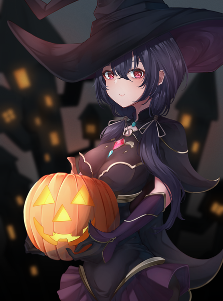 Anime picture 1200x1618 with original tktk-tnk single long hair tall image fringe black hair smile hair between eyes red eyes twintails holding cleavage upper body low twintails halloween girl gloves hat detached sleeves