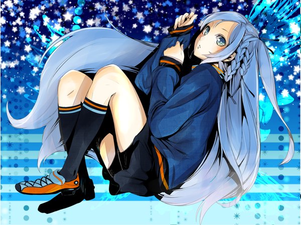 Anime picture 1285x961 with vocaloid hatsune miku single looking at viewer blush open mouth blue eyes twintails blue hair very long hair playing sports girl skirt socks star (symbol) black socks sweater sports jacket
