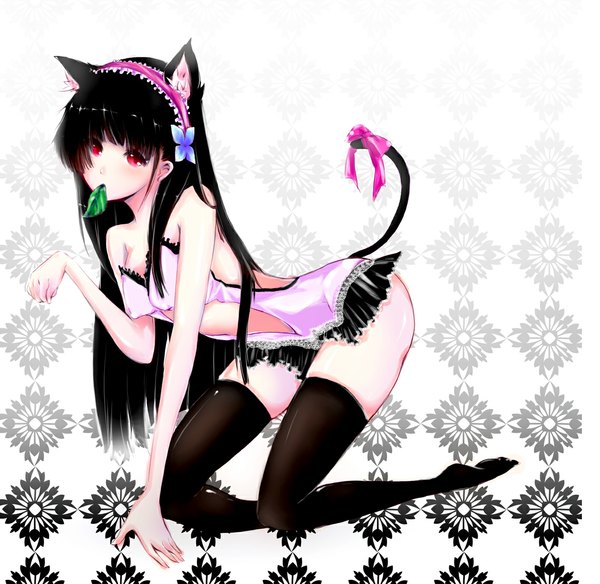 Anime picture 1158x1129 with sankarea studio deen sanka rea luoz single long hair light erotic black hair red eyes animal ears cleavage cat ears cat girl cat tail mouth hold girl thighhighs bow black thighhighs hairband