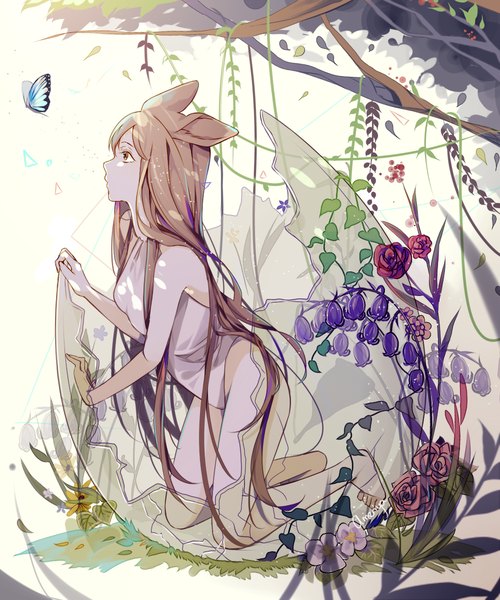 Anime picture 1000x1200 with original ameriya single long hair tall image light erotic brown hair bare shoulders brown eyes animal ears looking away bent knee (knees) profile barefoot arm support bare legs sleeveless kneeling broken glass girl