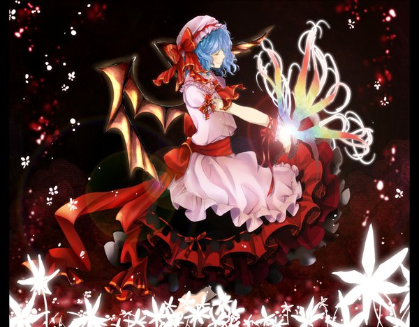 Anime picture 1800x1407 with touhou remilia scarlet hibarin (artist) highres short hair blue hair eyes closed profile bat wings girl dress bow ribbon (ribbons) wings bonnet