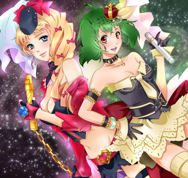 Anime picture 1350x1280 with macross macross frontier macross frontier: sayonara no tsubasa sheryl nome ranka lee tagme (artist) long hair short hair open mouth blue eyes blonde hair red eyes bare shoulders multiple girls cleavage green hair hand on hip girl dress gloves