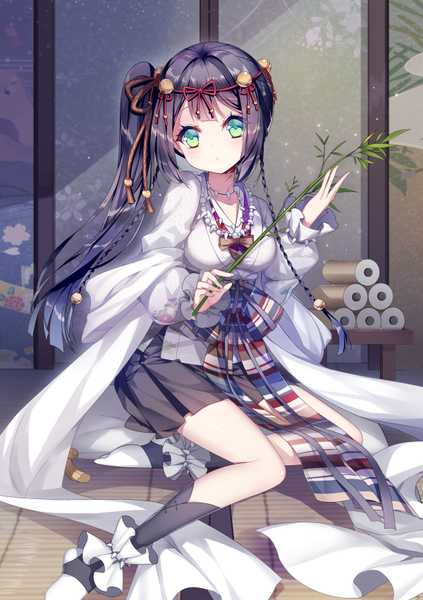 Anime picture 600x850 with original ling (sroin) single long hair tall image looking at viewer black hair sitting aqua eyes side ponytail yokozuwari hair bell girl skirt ribbon (ribbons) hair ribbon miniskirt bell jingle bell branch