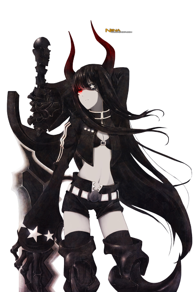 Anime picture 1335x2000 with black rock shooter black gold saw single long hair tall image black hair red eyes looking away horn (horns) open clothes open jacket transparent background girl navel weapon sword jacket shorts eyepatch bikini top