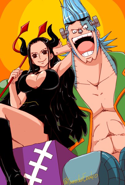 Anime picture 1378x2039 with one piece toei animation nico robin franky yamadaenako long hair tall image breasts open mouth light erotic black hair simple background smile large breasts sitting holding signed blue hair cleavage arm up