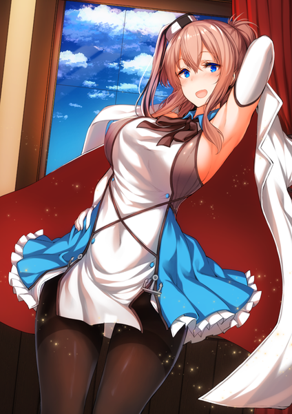 Anime picture 849x1200 with kantai collection azur lane saratoga (azur lane) saratoga (kantai collection) tobimura single long hair tall image looking at viewer blush fringe breasts open mouth blue eyes light erotic brown hair sky cloud (clouds) indoors armpit (armpits)