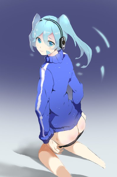 Anime picture 1000x1513 with kagerou project shaft (studio) ene (kagerou project) rabbit (tukenitian) single long hair tall image looking at viewer blue eyes light erotic simple background twintails ass light smile aqua hair kneeling gradient background undressing girl uniform