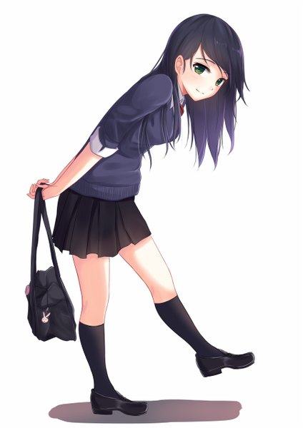 Anime picture 904x1280 with original itachi kanade single long hair tall image looking at viewer blush breasts black hair standing white background holding green eyes full body pleated skirt leaning leaning forward plaid skirt standing on one leg hands behind back