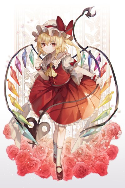 Anime picture 1432x2148 with touhou flandre scarlet abandon ranka single tall image looking at viewer fringe short hair simple background hair between eyes red eyes standing white background holding full body light smile sparkle short sleeves puffy sleeves one side up