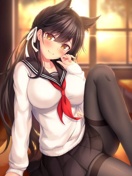 Anime picture 900x1200 with azur lane atago (azur lane) tiphereth single long hair tall image looking at viewer blush fringe breasts black hair smile hair between eyes large breasts sitting animal ears yellow eyes bent knee (knees) indoors head tilt