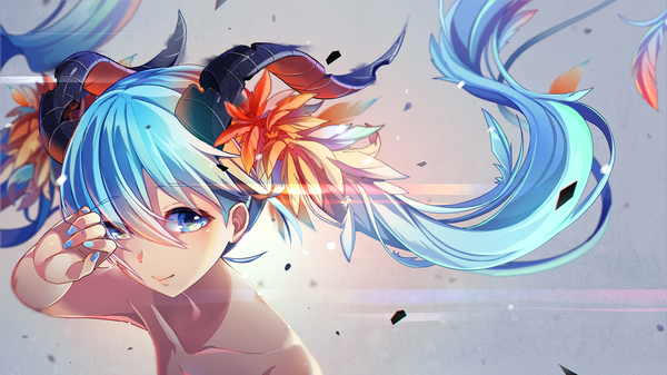 イラスト 1500x844 と ボーカロイド 初音ミク のう ソロ 長髪 カメラ目線 赤面 前髪 青い目 笑顔 hair between eyes wide image ツインテール 青い髪 upper body nail polish 角 fingernails sunlight 片目隠れ