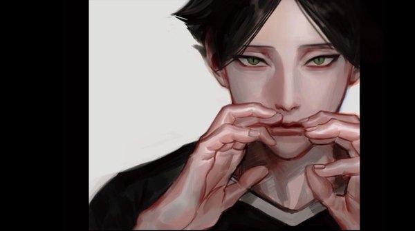 Anime picture 1024x572 with haikyuu!! production i.g suna rintarou pdkna single looking at viewer short hair black hair simple background wide image green eyes fingernails lips realistic face pillarboxed boy